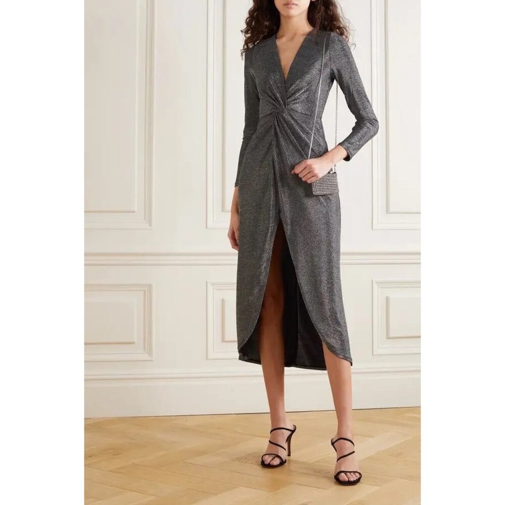 Reformation Metallic Gray Twist-Front Midi Dress